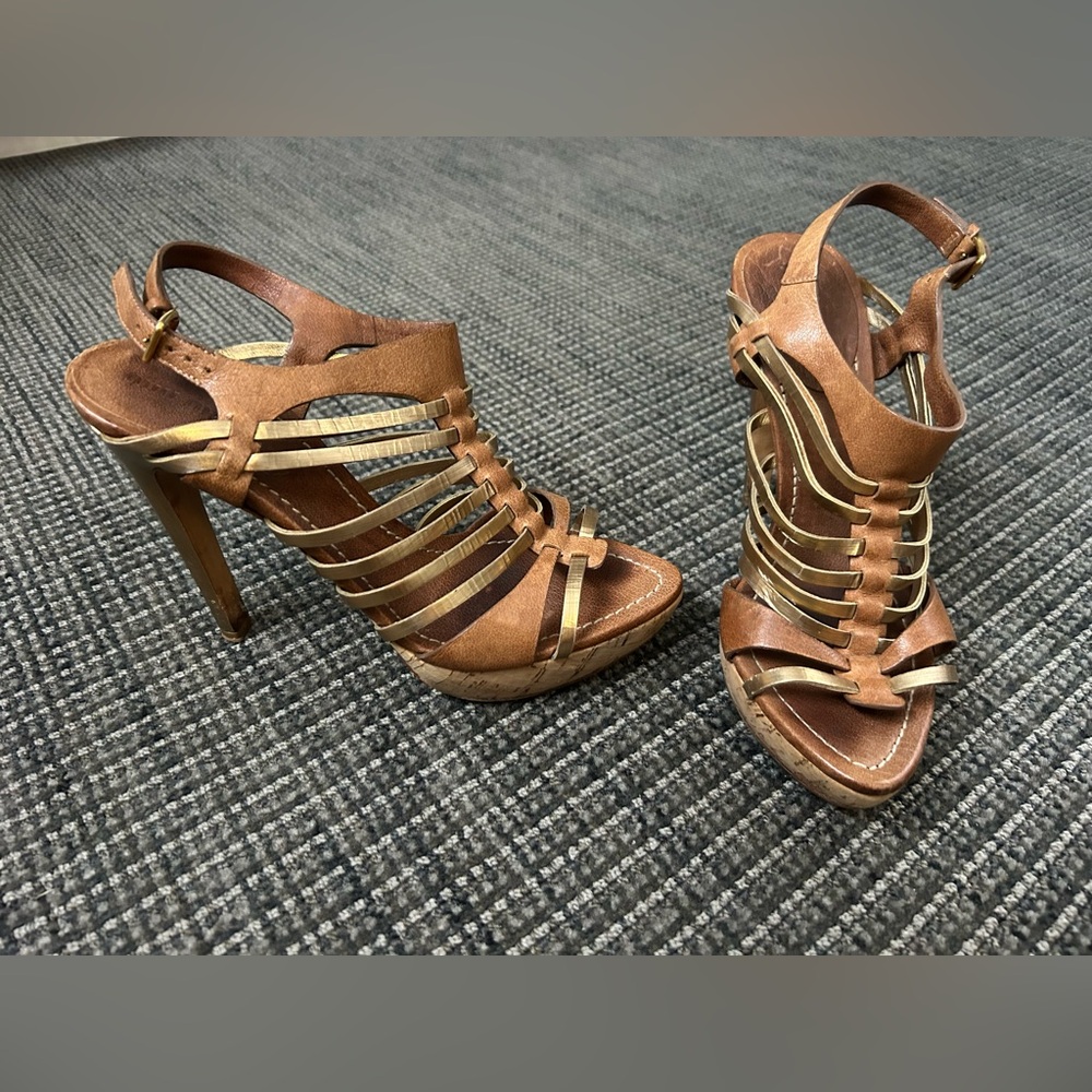 Miu Miu Brown and Gold Strappy Heels with Metallic Accents